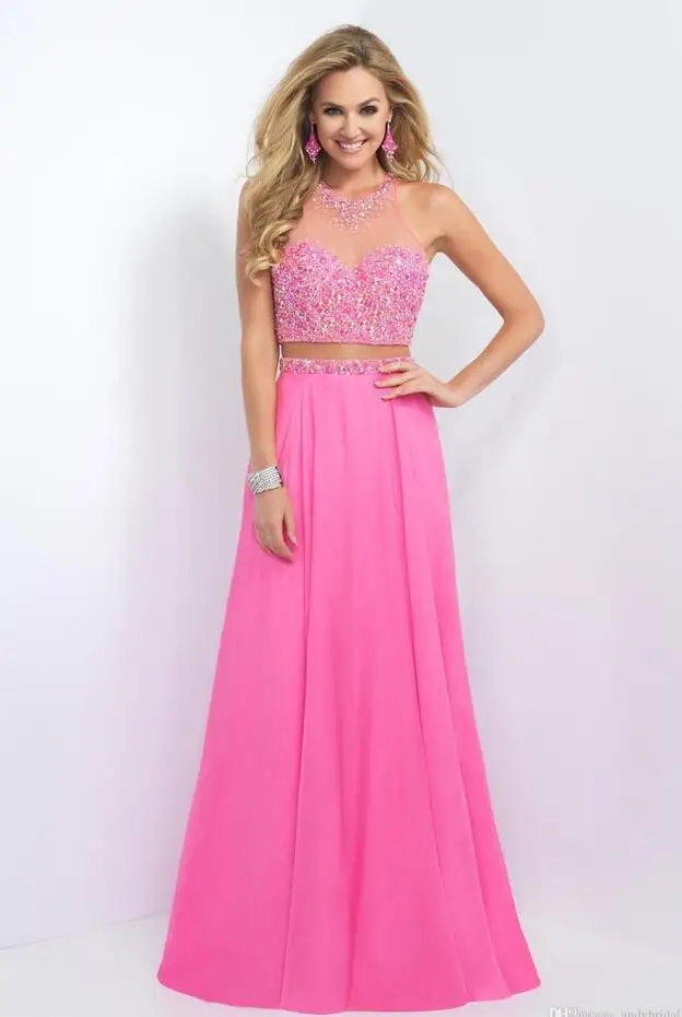 2017 Две Пьесы Длинные Пром Платья Jewel Шеи Шифон Кристалл Жемчуг Рукавов с Бисером