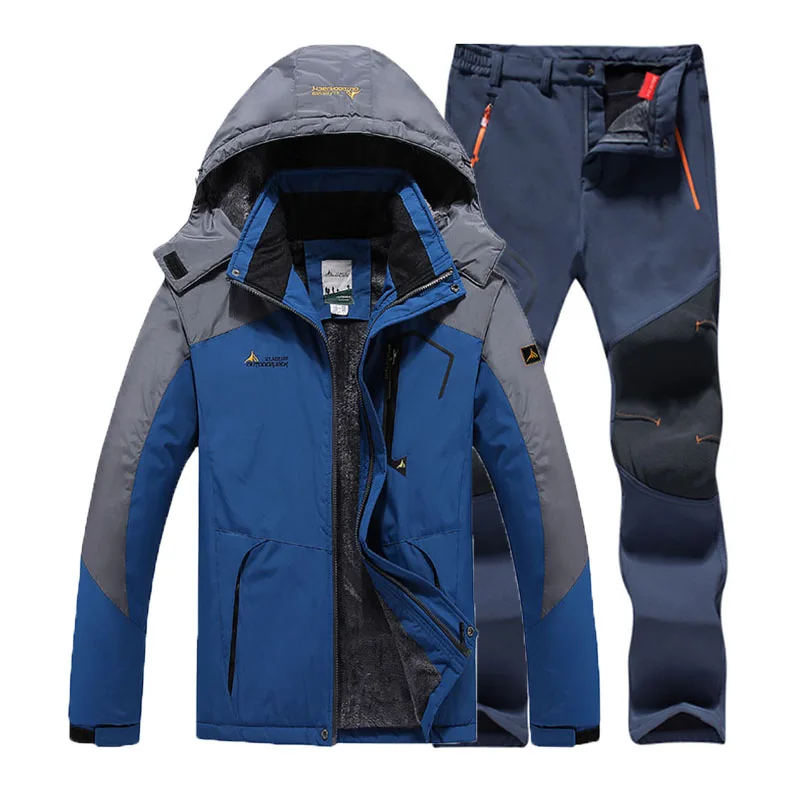 Navy Blue Suit Большие размеры 6XL мужские зимние меховые водонепроницаемые теплые рыболовные треккинговые походные лыжные куртки флисовые спортивные штаны - Цвет: Navy Blue Suit