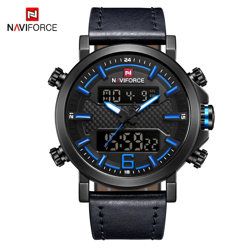 NAVIFORCE модные Для Мужчин's цифровые и аналоговые часы Для мужчин Элитный бренд Водонепроницаемый светодиодный кварцевые спортивные часы, армейские часы Relogio Masculino - Цвет: Black Blue