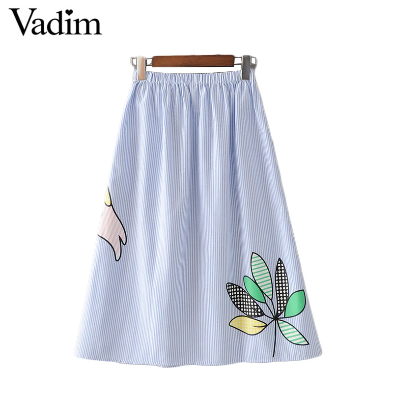 Women sweet coconut tree print striped skirts faldas mujer elastic waist pockets ladies fashion streetwear mid-calf skirt BSQ552 | Женская
