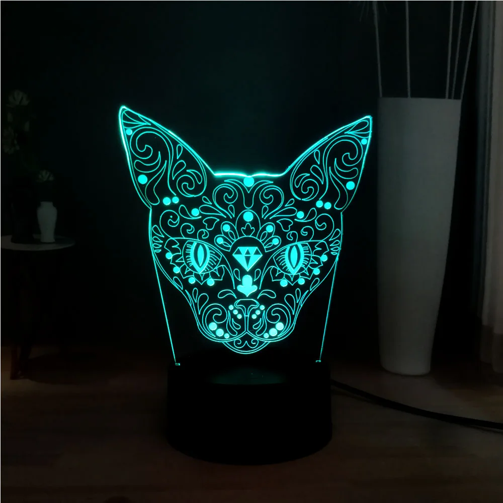 Новая 3D голова котенка олень Иллюзия акриловая Светодиодная панель 7 цветов