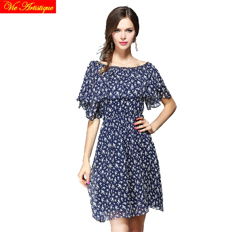 women's render Christmas skater dress lady's long casual office slim fit silk dresses blue floral party 2018 spring summer VA |