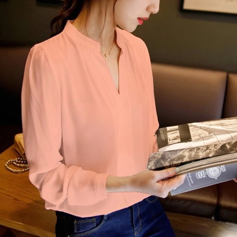 Женская шифоновая блузка с V образным вырезом и длинным рукавом|office shirt|chiffon