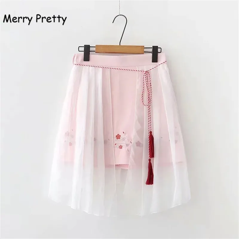 Merry Pretty Женский комплект 2 шт., китайский стиль, Цветочная вышивка, длинный рукав, красная блузка и сетчатая юбка, белые женские комплекты одежды