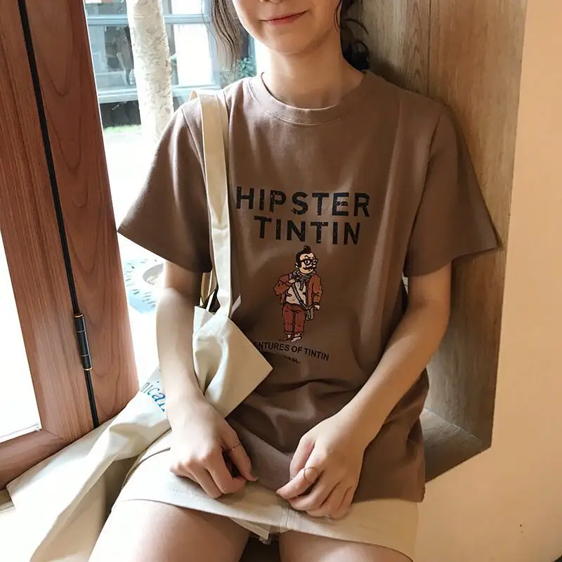 Новый корейский Для женщин Основные футболки лето мультфильм shortsleeved Футболка