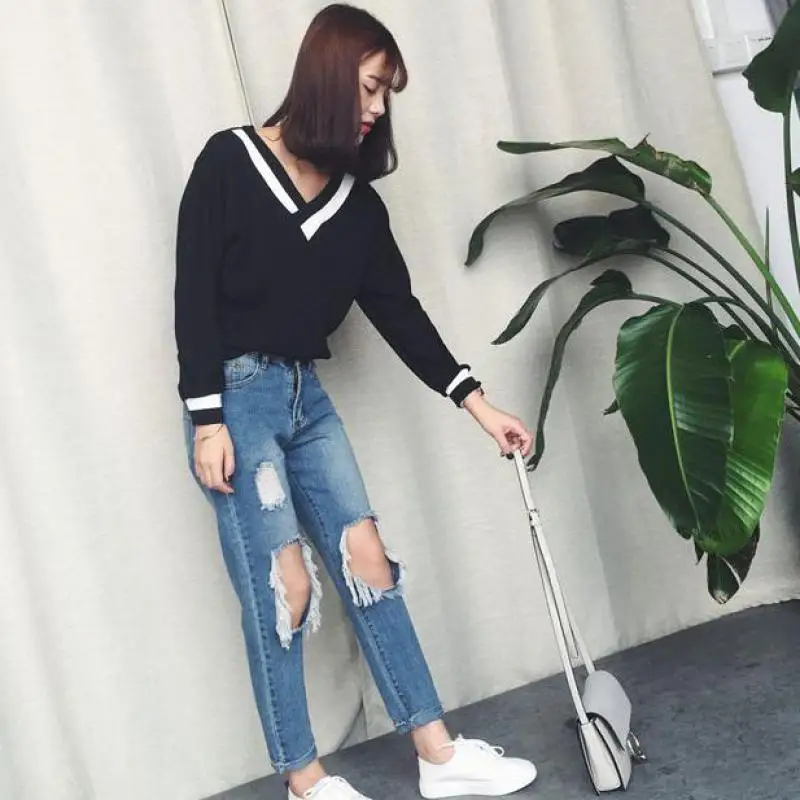 Мода v-образным вырезом новая Корейская женская одежда осторожны машина футболка