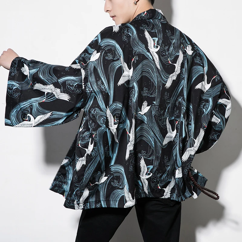 Кимоно мужское с коротким рукавом тонкий кардиган принтом журавлей защита от