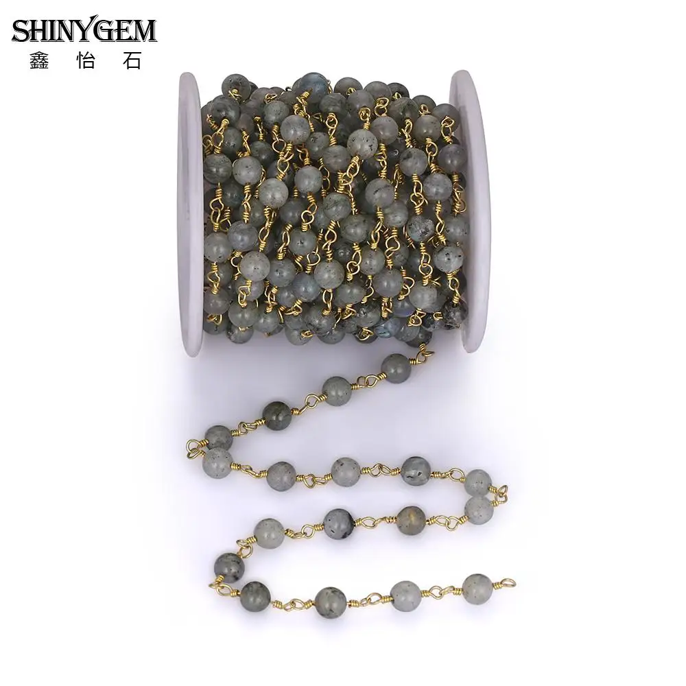 ShinyGem ручной работы Лабрадорит бисера цепи золотое покрытие проволока цепи 6 мм натуральный камень бисера четки цепи для изготовления ювелирных изделий 5 м/лот