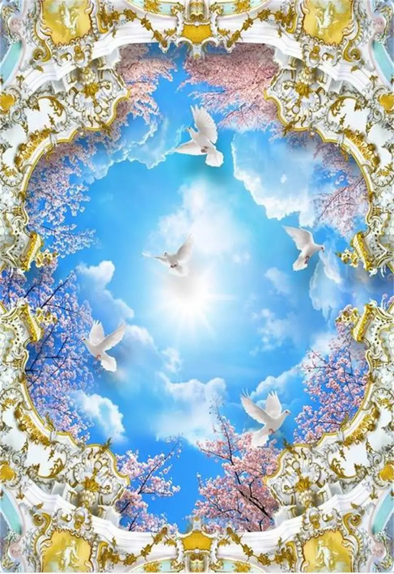 3d ceiling murals wallpaper custom photo non-woven Blue sky clouds cherry tree painting wall mural for living room | Обустройство