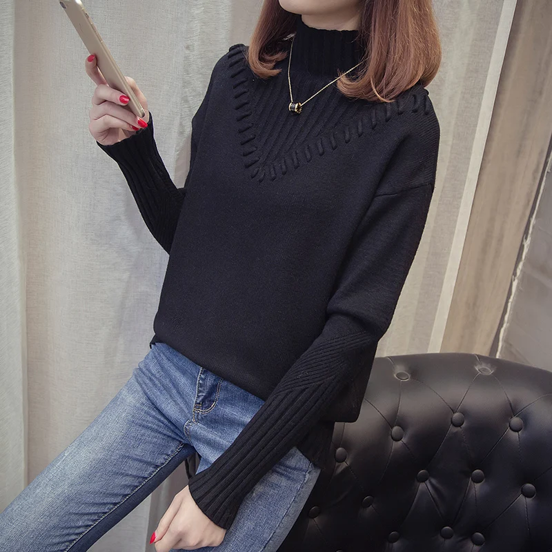 2019 Sweater Women's Knit Jacket Autumn Winter Thick warm Long sleeve Half high collar Standard Pullover | Женская одежда