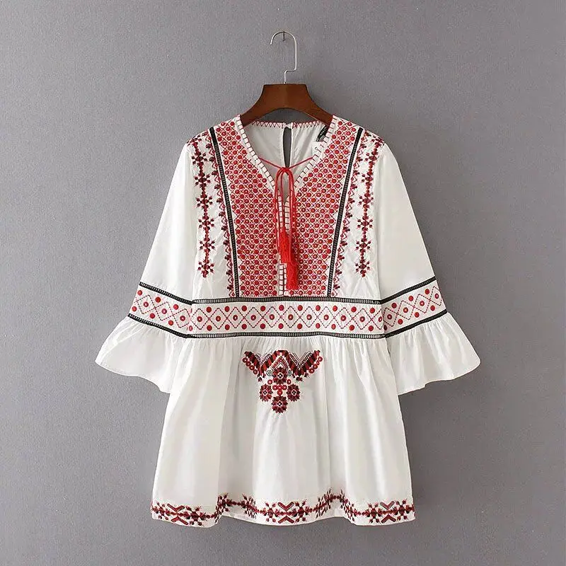 Мини-платье с V-образным вырезом и большими рукавами-фонариками | Женская одежда