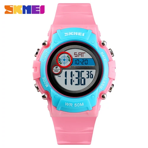 Pink Blue SKMEI модные спортивные электронные часы для мальчиков и девочек многофункциональные водонепроницаемые часы обратный отсчет светодиодный цифровые детские часы montre - Цвет: Pink Blue