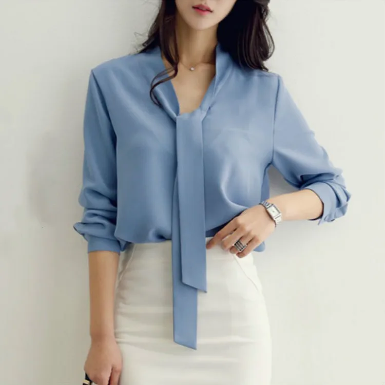 

Женская шифоновая блузка с длинным рукавом, V-образным вырезом и лентой