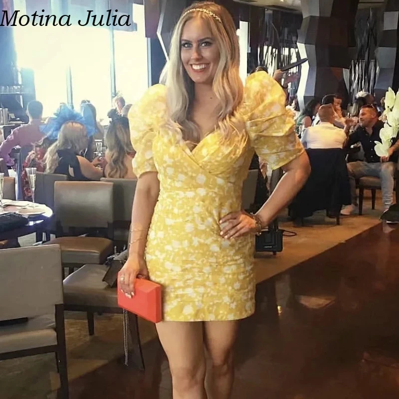 Motina Julia сексуальное элегантное платье с принтом и пышными рукавами женское