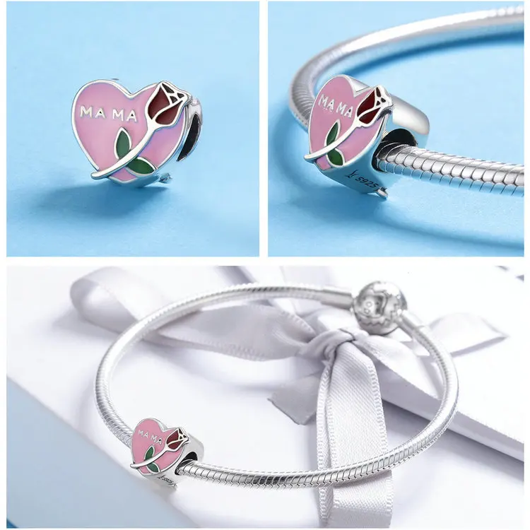 Подарок на день матери, серебро 925 пробы, подходит к оригиналу Pandora, модный браслет Love Mother Charm, красный и прозрачный CZ бисер