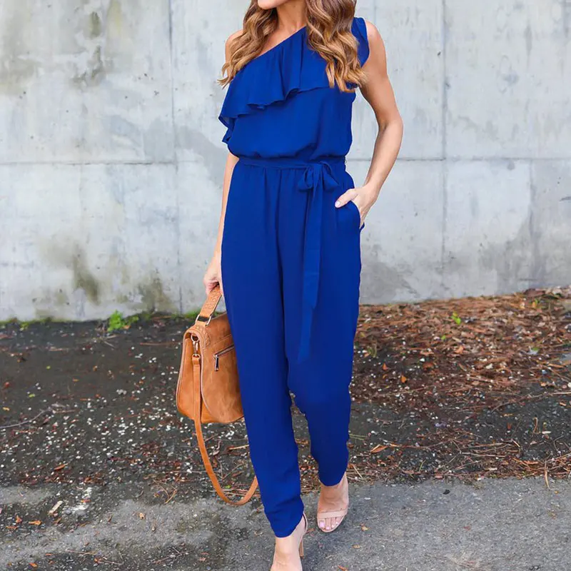 

Sashes Bow Tie Ruffles Sashes High Waist Women Jumpsuit 2020 Summer Chiffon One shoulder off Pockets Sleeveless Sexy Lady Wear