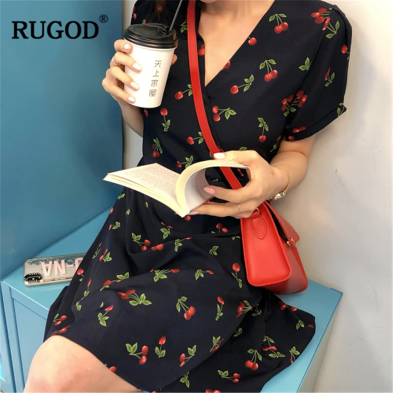 RUGOD, летнее женское платье, v-образный вырез, короткий рукав, вишневый принт, тонкое, а-силуэт, Vestidos, винтажное, милое, Modis Mujer платье