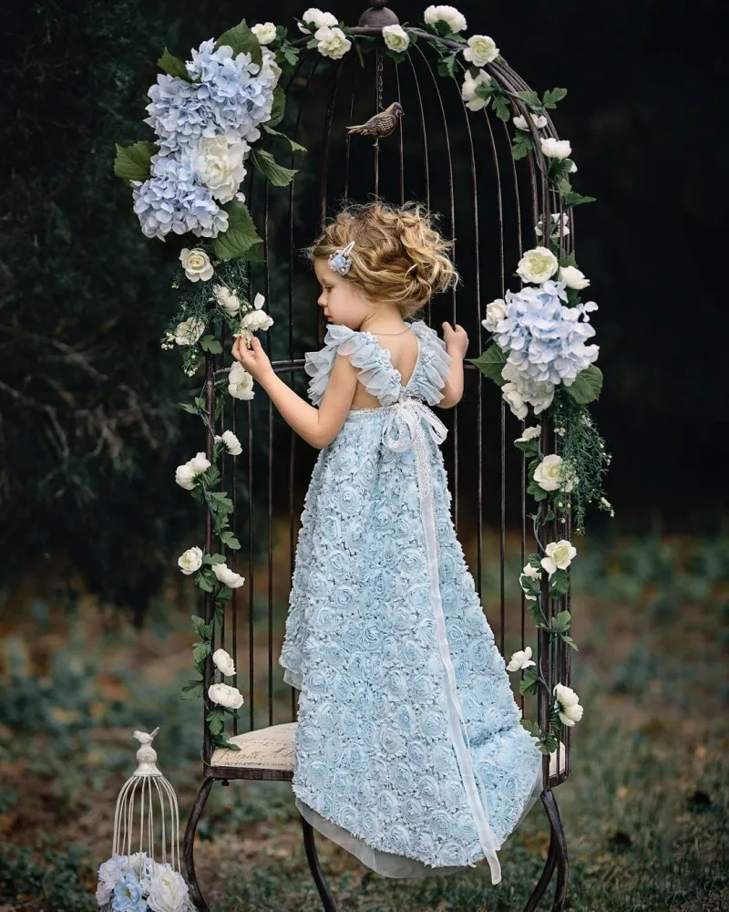 Прекрасный Голубой Цветы Платья Для Подружек Невесты Длинные Выпускные Дети На