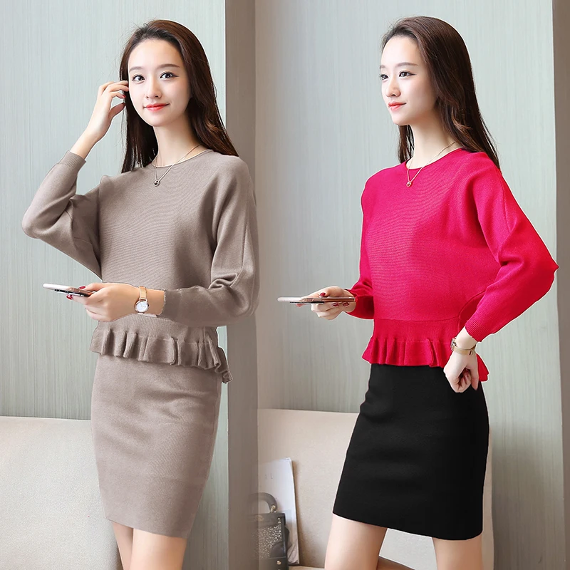 

batwing sleeve pullover sweaters bodycon skirt twinset sweater fashion knitting suits autumn wear women's clothing set new