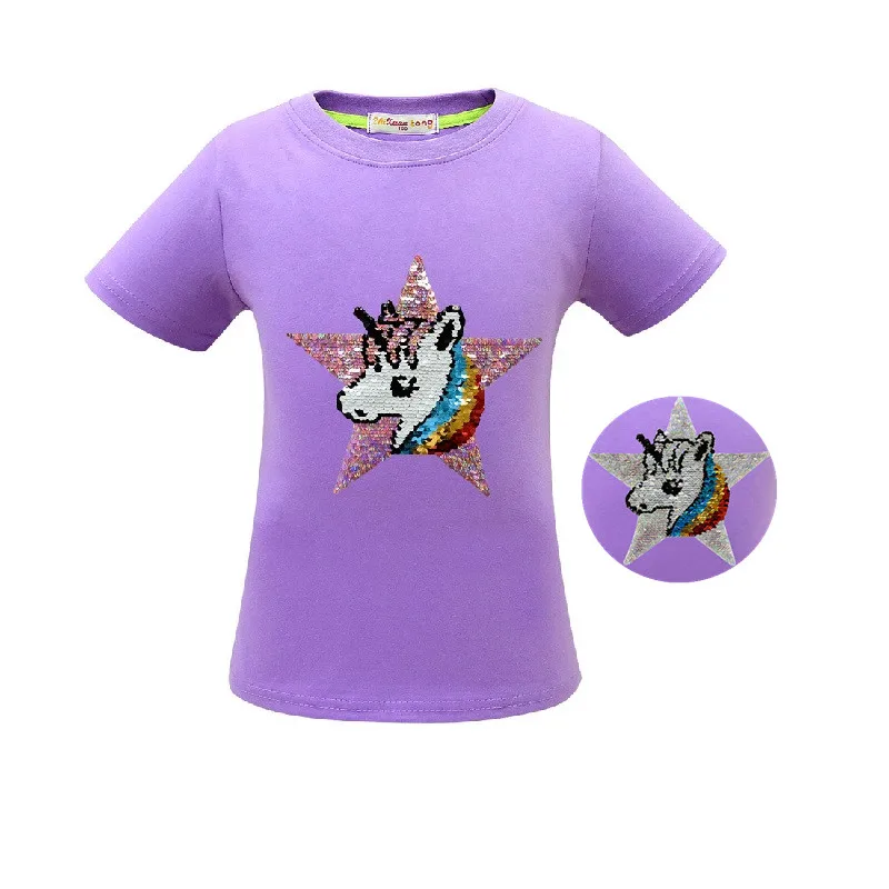 3469 Purple Футболка для девочек с изображением единорога; Разноцветные Детские двухсторонние футболки с блестками; детские топы; футболки; одежда с блестками - Цвет: 3469 Purple