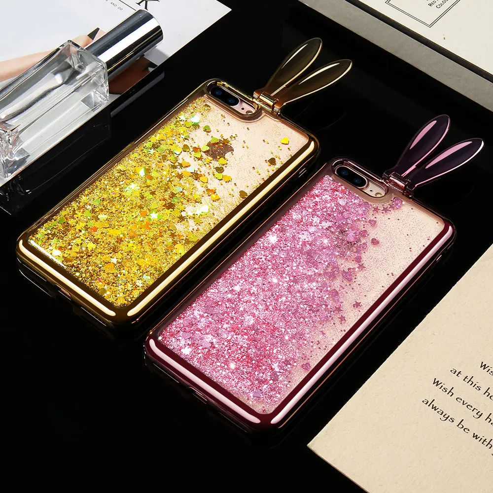 KISSCASE Liquid Rabbit Ears Case For iPhone 6 6S 7 8 Plus Cover Glitter Bling Stars X Cute Phone Stand Fundas |