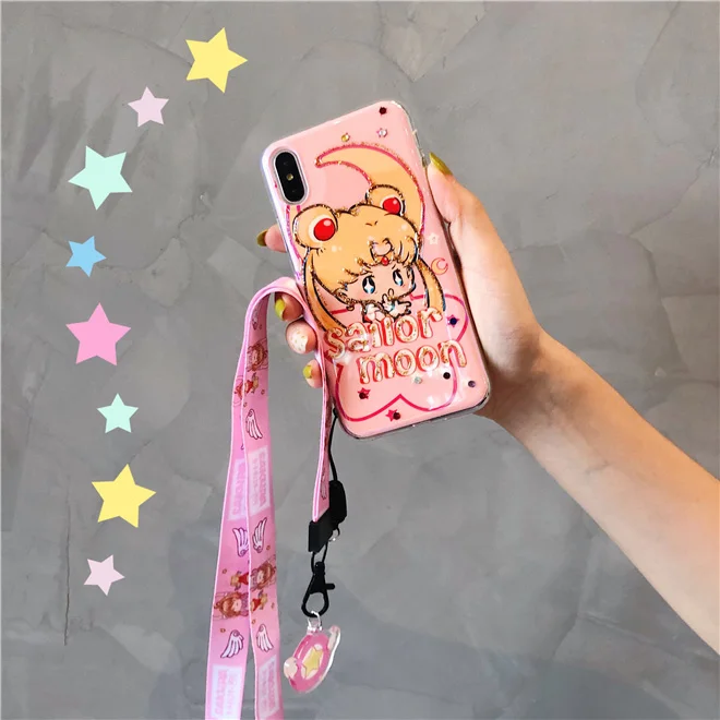 Для iphone XS max XR X Розовый Блестящий Сейлор Мун мягкий чехол+ ремешок для iphone 8plus 7plus 6SP 7 8 6 6S милый блестящий чехол Sukura