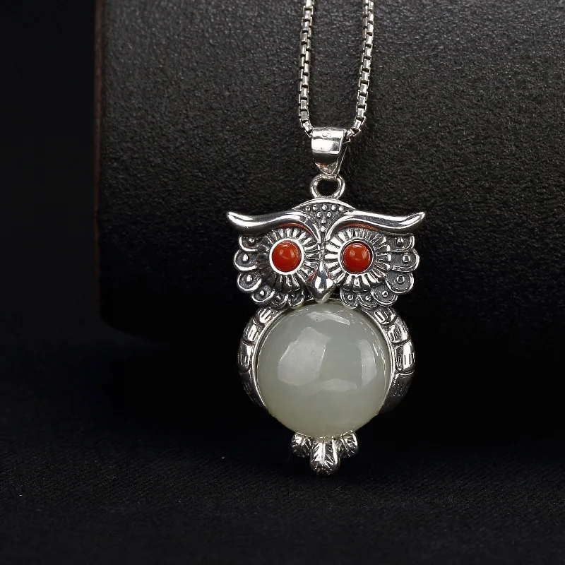 

silver S925 pure silver natural Hetian jade white jade South Red Agate inlaid owl female clavicle pendant wholesale