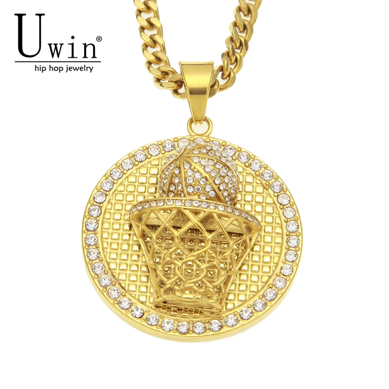 UWIN Gold Stainless Steel Basketball Rim Hoop Pendant Iced Out Rhinestone Ball Sport Necklace Men Hip Hop Fashion Jewelry | Украшения и