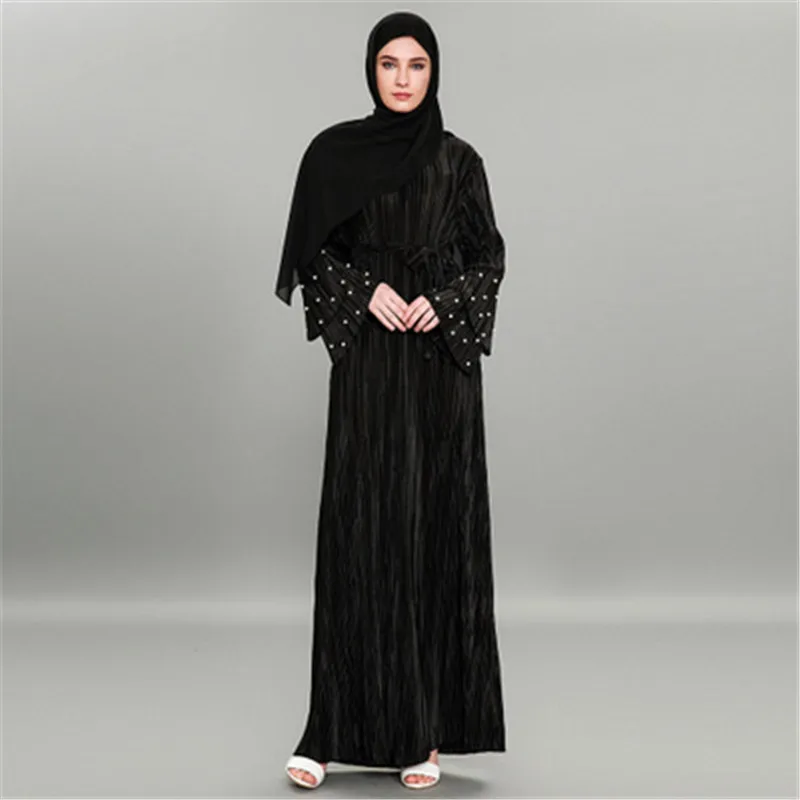 Muslim Long Sleeve Maxi Abaya Pearls design Dress Solid Color Islamic Clothing Elegant Turkish Robe Sexy Party Dresses | Тематическая