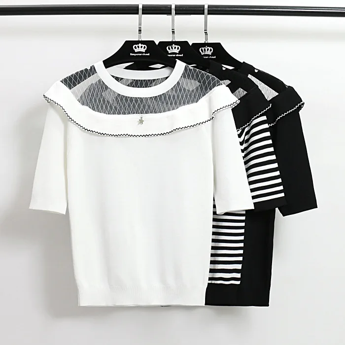 Baharcelin High Quality Women Girl Summer short Sleeve Pullover Knitted sweater Cute Sweet Ruffles Knitwear Outwear Top | Женская одежда