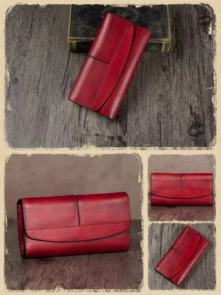 Vintage Designer Genuine Leather Women's Clutch Purse Cow Skin Blackish Green Female Large Trifold Wallet Lady Long Card Wallet