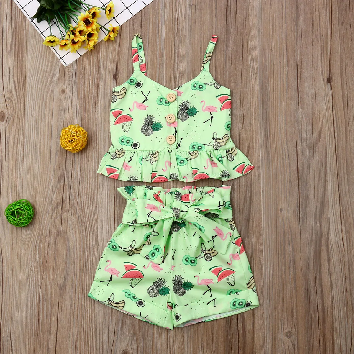 Newborn Infant Toddler Baby Girl Clothes 2019 New Summer Flamingo Sling Button Tops Vest Shorts Pants 2PCS Outfits Set | Детская одежда