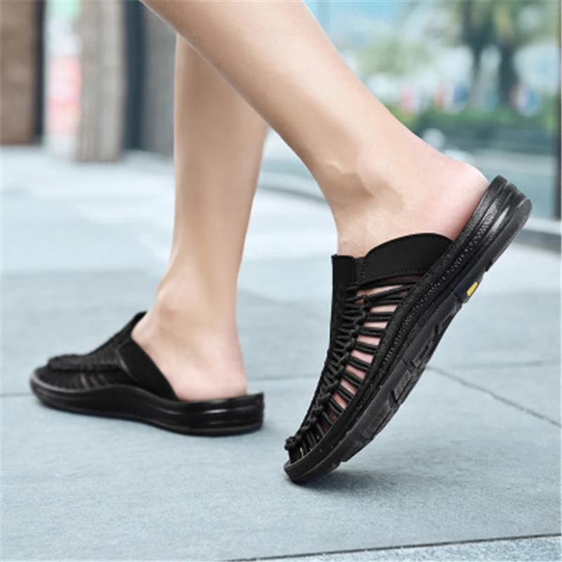 Мужские плетеные сандалии коричневые дышащие шлепанцы ручной работы