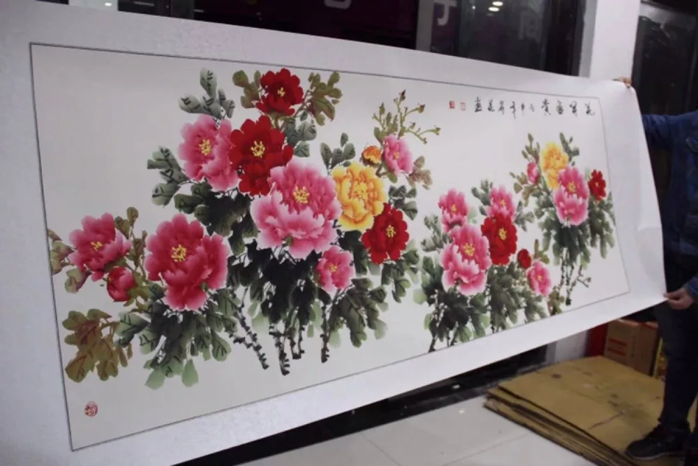 

HUGE TOP 100% Hand Painted ART HOME Company hall Lobby Vestibule WALL Decorative painting Rich Peony Flowers china painting
