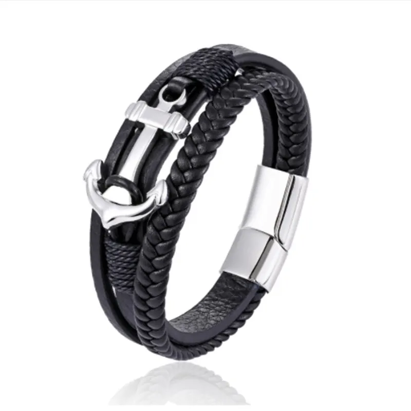 2018 панк якорь браслет для Для мужчин Jewelry Многоэтажный кожа ряд переплетенных