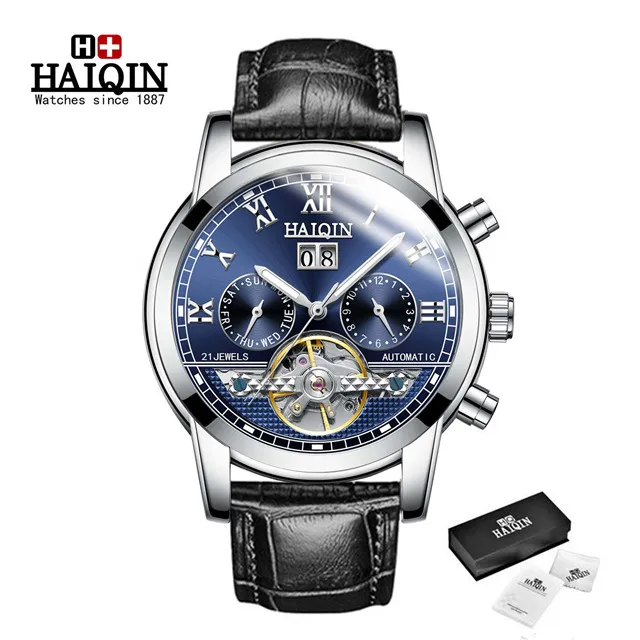 L-silver blue Автоматические механические мужские часы Топ бренд HAIQIN Роскошные мужские часы бизнес турбийон военные мужские наручные часы Reloj Hombres - Цвет: L-silver blue