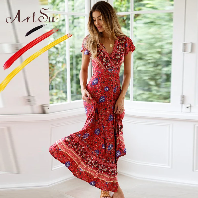 Женское винтажное платье с цветочным принтом ArtSu Пляжное Платье макси коротким