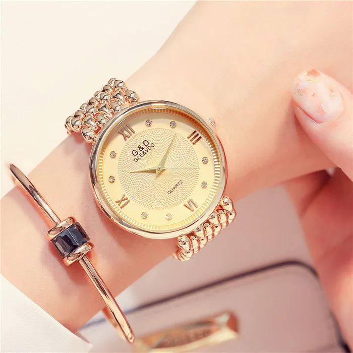 Gold dial G& D женские часы роскошные женские часы-браслет серебряные Модные женские кварцевые наручные часы Reloj Mujer Montre Femme Римский стиль - Цвет: Gold dial
