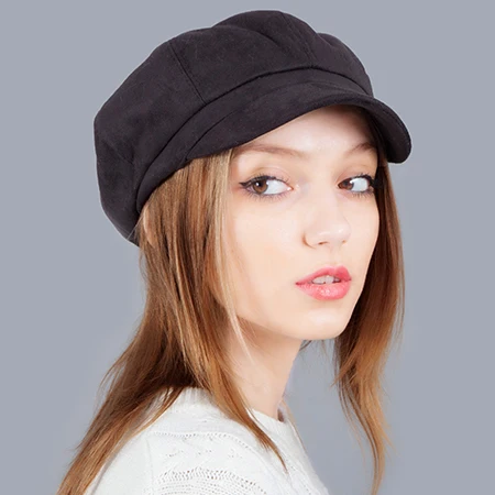 Замшевая Женская кепка Newsboy, модная восьмиугольная кепка художника, осенне-зимняя теплая Кепка Newsboy, одноцветная Милая Повседневная Кепка - Цвет: Черный