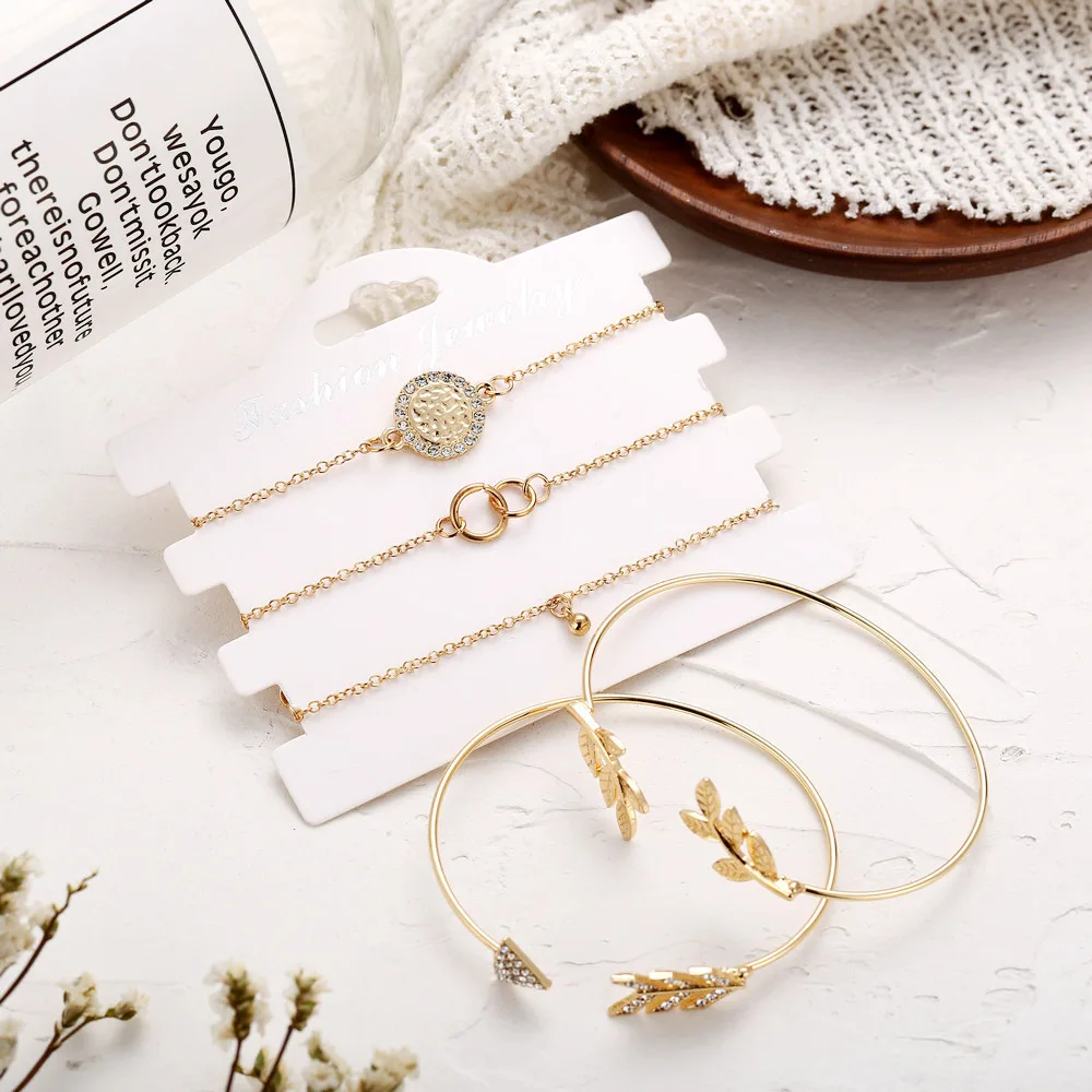 RLOPAY 5Pcs/Set Fashion Arrow Leaf Cuff Circle Round Bracelet Adjustable Bead Chain Female Bangle Jewelry Accessories | Украшения и
