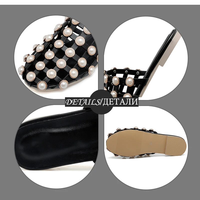 Шлепанцы JK женские с круглым носком перламутровые тапки бусинами повседневная