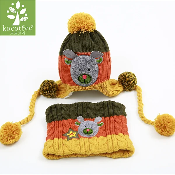 Hat And Scarf Детская теплая флисовая Шапочка с подкладкой для мальчиков и девочек, шапка с шарфом, зимние меховые шапки для детей, детские шапочки с помпоном Skullies Beanies - Цвет: Hat And Scarf