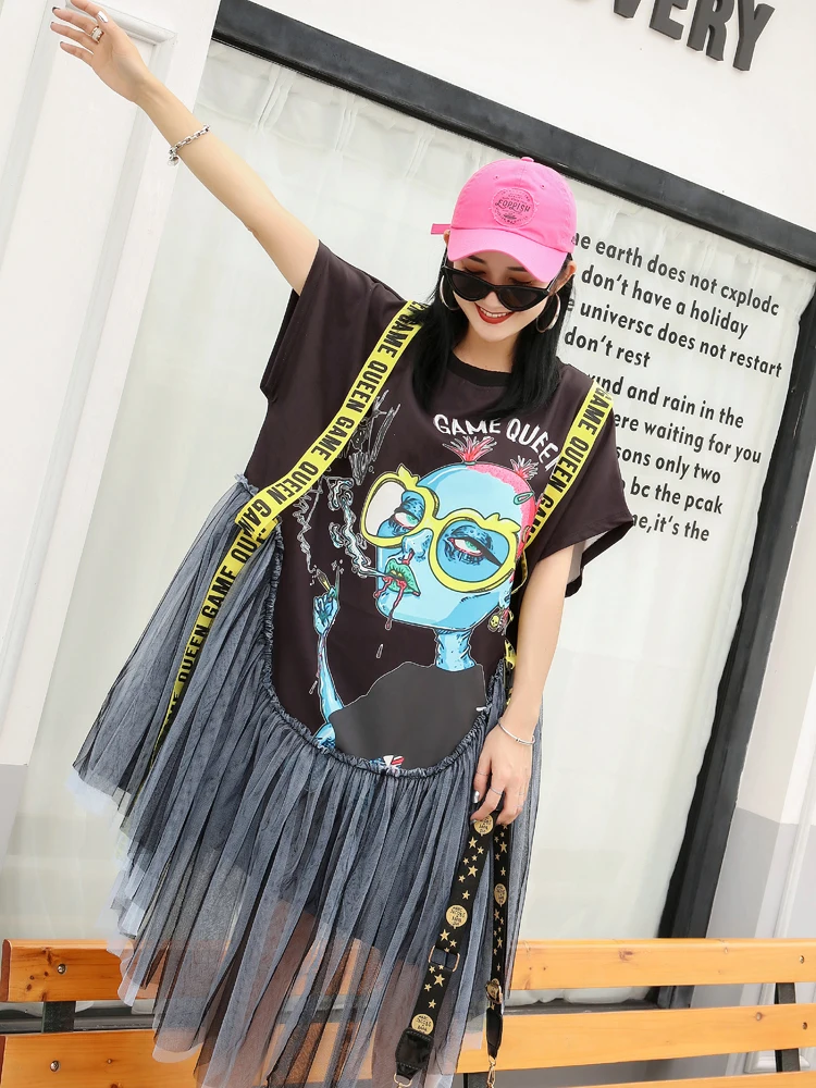 Женское уличное платье с мультяшным принтом новинка Сетчатое комбинированное