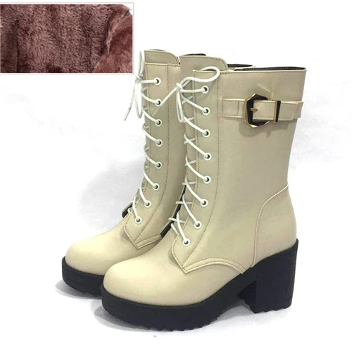 Beige fluff AIYUQI; Новинка года; Модные Военные сапоги на высоком каблуке; женская зимняя обувь на платформе; женские сапоги; 1 пара; женские сапоги из натуральной кожи - Цвет: Beige fluff