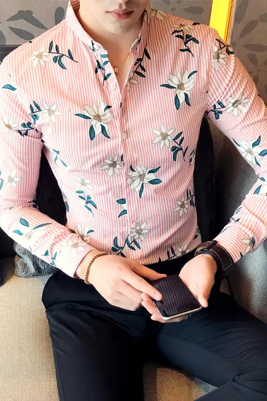 Осень 2017 г. мужчин розовый/Блюз полосой цветы Рубашки корейский стиль социальных