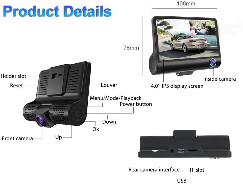 AKASO три камеры s DVR рекордер двойной объектив 4 ''HD 1080P Автомобильный