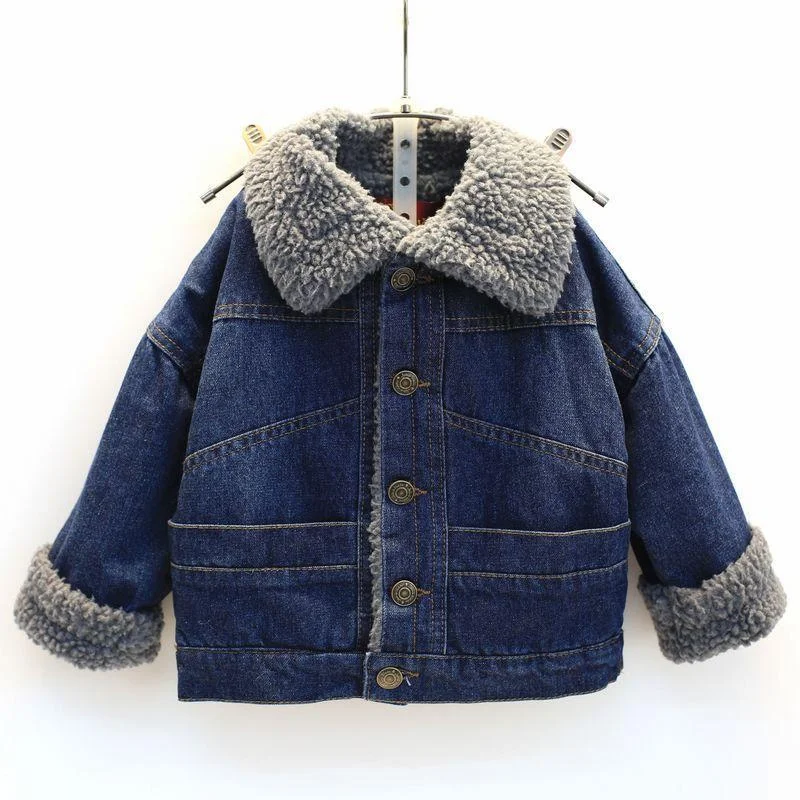 Kids Coats Denim Jacket Boy Coat Baby Girl Thickness Jeans Outerwear Turn-down Collar Casual Children Winter Fur Clothes | Детская