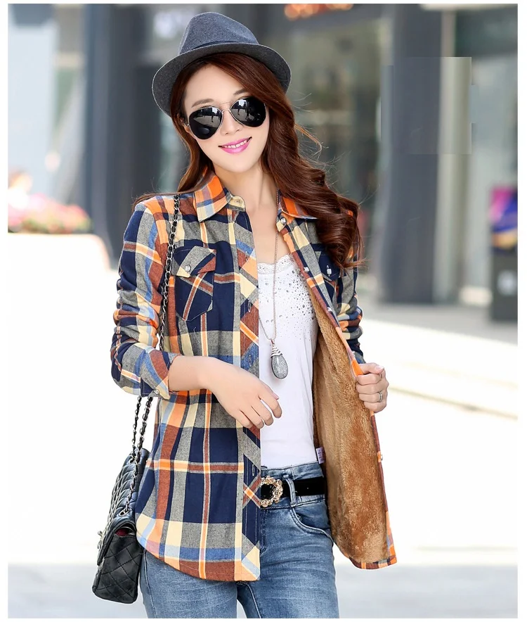 Зимние теплые блузки женские осенние Топы пальто Camisa Femininas с длинным рукавом Толстая бархатная фланелевая рубашка в клетку рубашки полный хлопковый топ