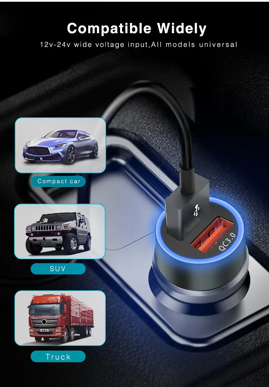 72 Вт двойной QC 3,0 USB Автомобильное зарядное устройство Быстрая зарядка 3,0 USB зарядное устройство для iPhone samsung huawei мобильный телефон быстрое зарядное устройство Автомобильный USB адаптер
