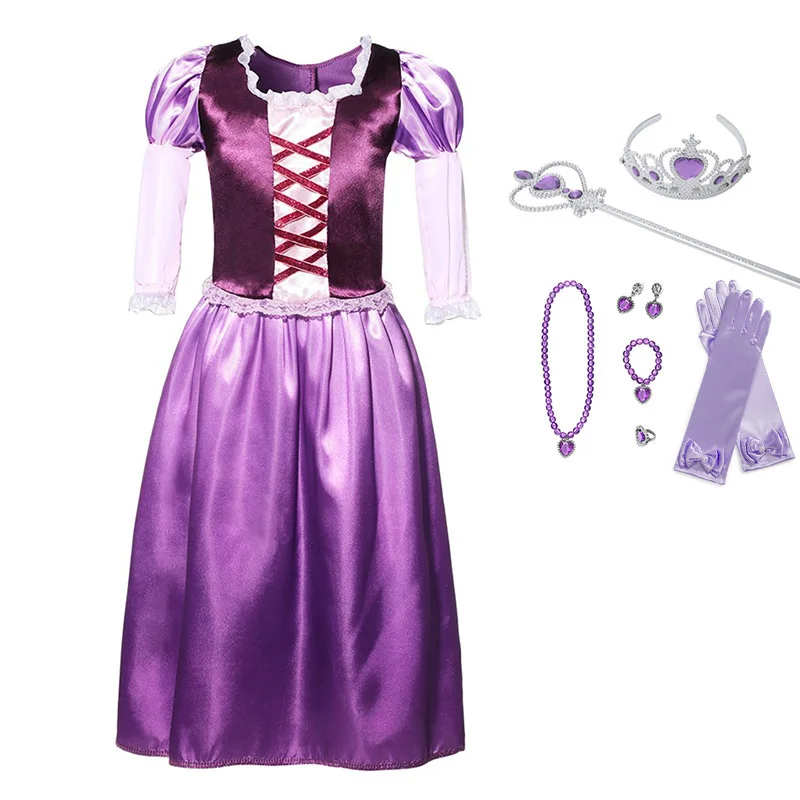 Dress Set 2 Летнее платье принцессы для девочек; детская эластичная одежда с длинными рукавами и лентами; Детские вечерние костюмы Рапунцель для костюмированной вечеринки на Хэллоуин - Цвет: Dress Set 2